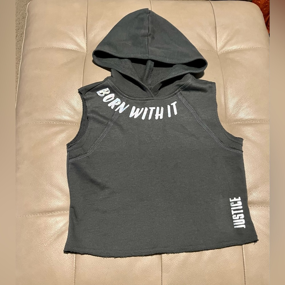 Justice girls 6/7 grey athletic active wear hooded tank top Born With It